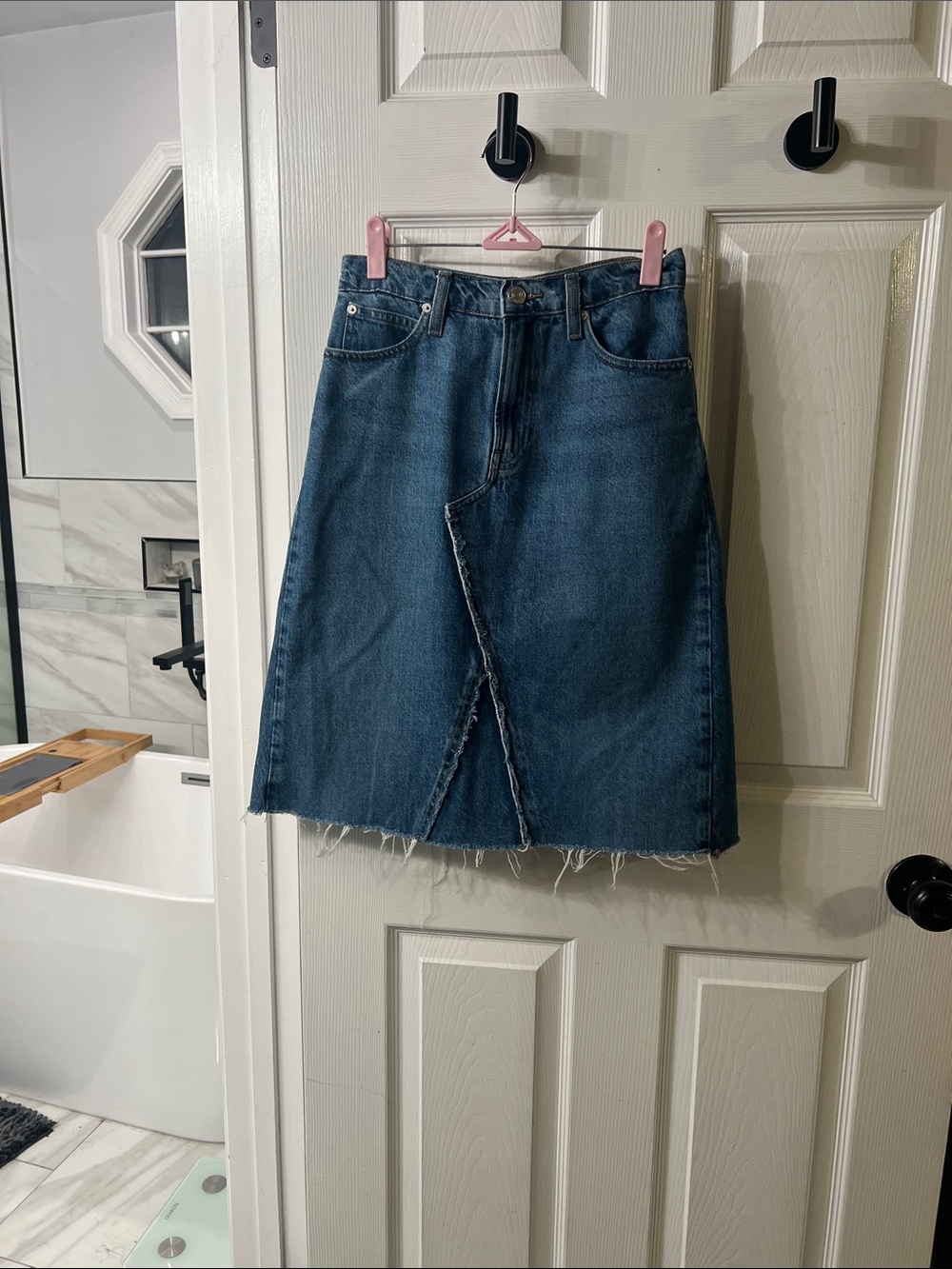 FRAME Mabel Denim Midi Skirt 25 Blue Raw Hem Deconstructed Slit 100% Cotton
